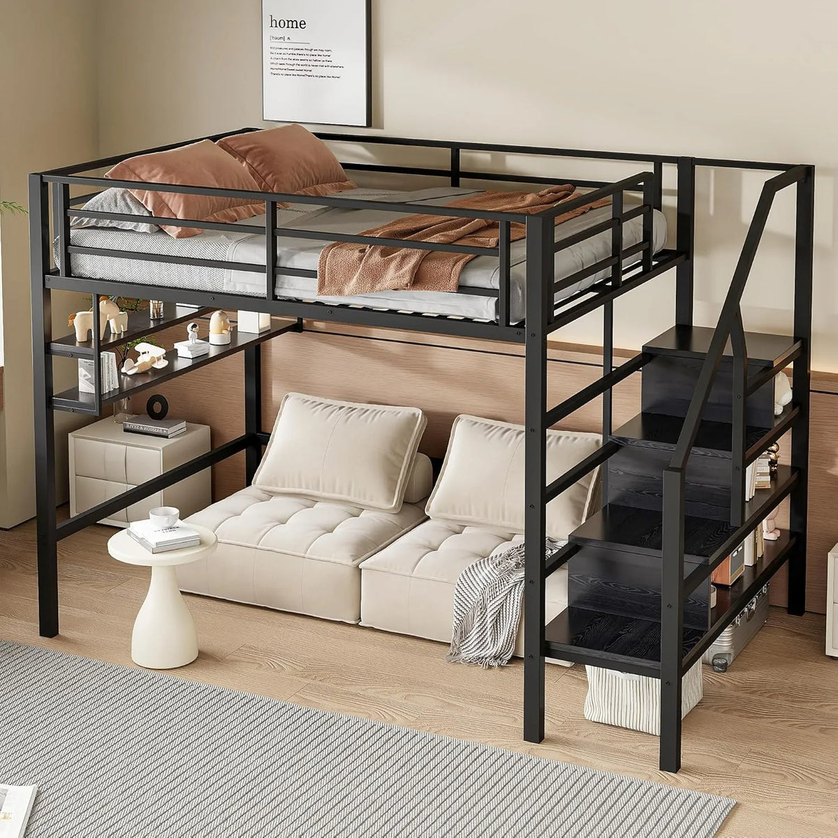 Łóżko piętrowe i łóżko wysokie — z półkami, z drabinką, 140 × 200 cm, czarny, z półkami