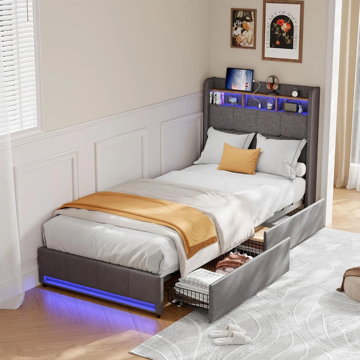 Wyściełane łóżko 90x200 cm ze schowkiem – tapicerka materiałowa, z szufladami, z portem USB, wyświetlacz LED, 90 × 200 cm, tapicerka materiałowa