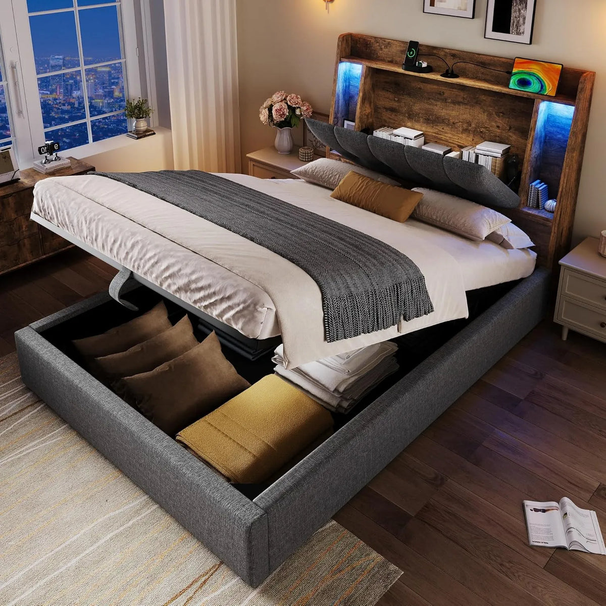 Łóżko tapicerowane i rama łóżka z obiciem: MDF, z portem USB, wyświetlacz LED, 90 × 200 cm, 215 × 90, 5 × 92 cm, szary