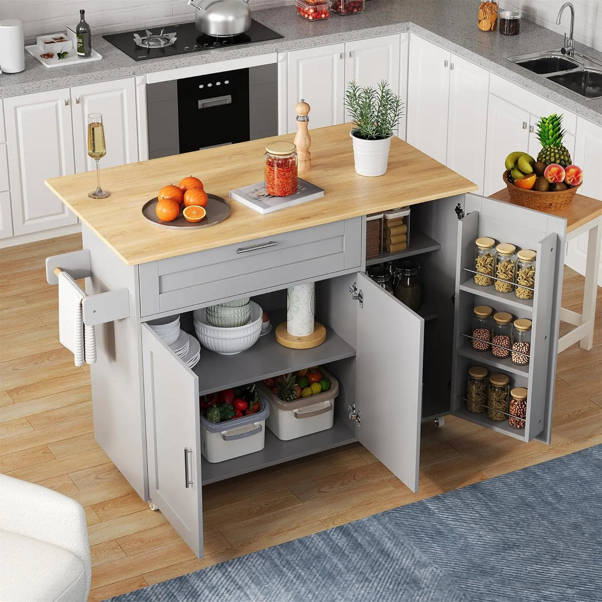 vutizal Wyspa kuchenna na kółkach – MDF, z drewna, składana konstrukcja, 132, 5 × 44 × 90 cm, 70, 25 kg, szary