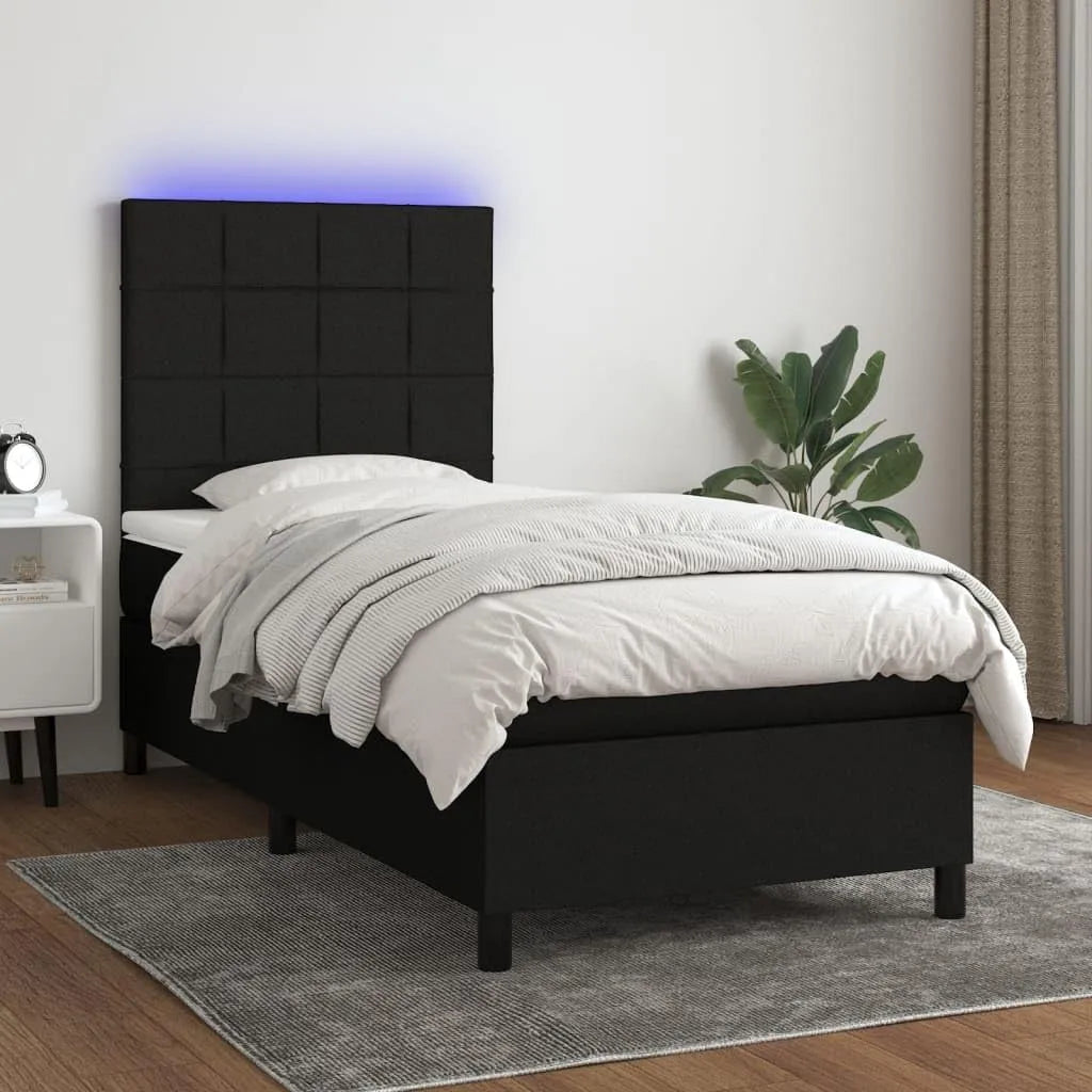 Łóżko kontynentalne z materacem i diodami LED: regulowana konstrukcja, wyświetlacz LED, 90 × 200 cm, czarny