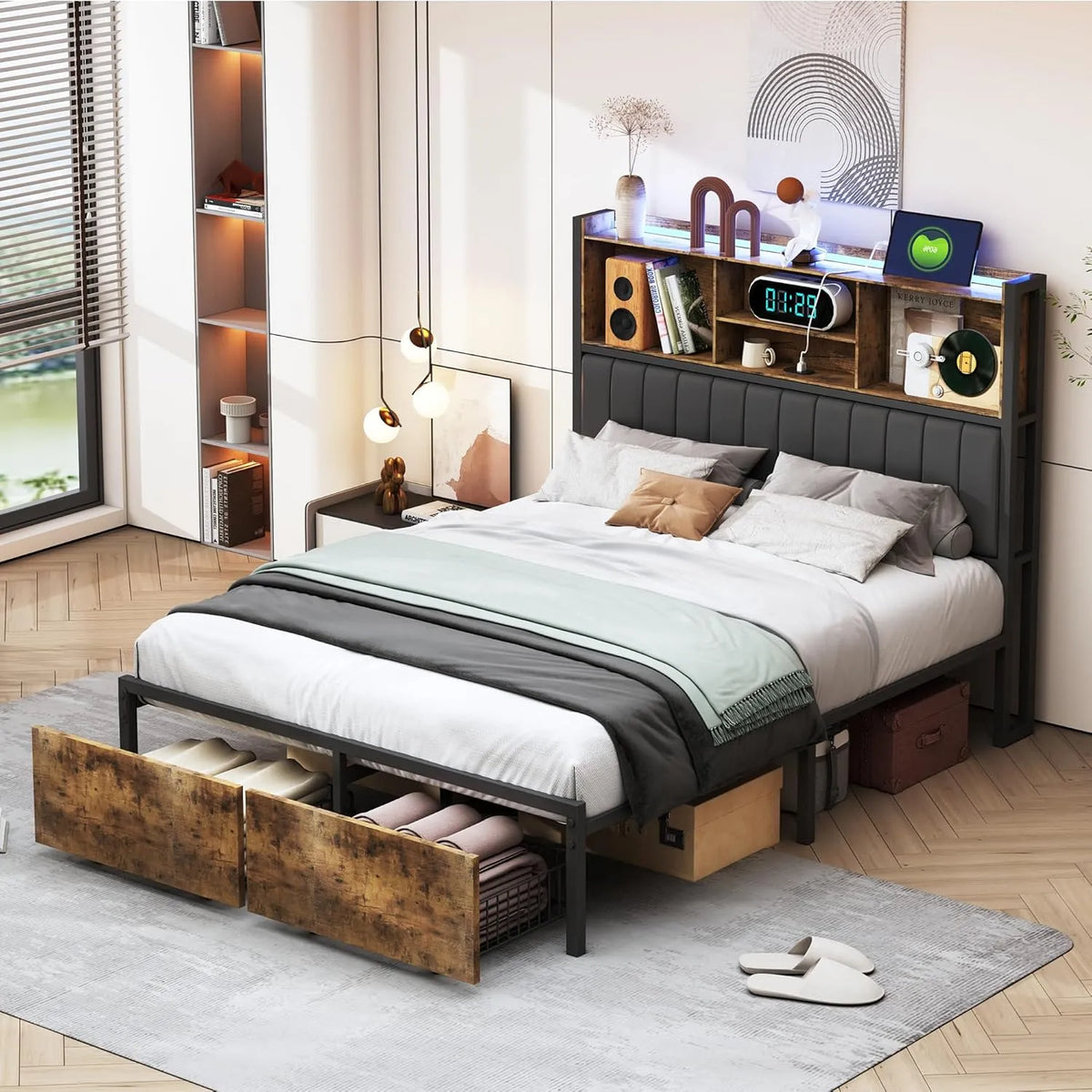 Rama łóżka i konstrukcja łóżka 140 x 200 cm z diodami LED – z szufladami, wyświetlacz LED, 2 szufladami, 140 × 200 cm, z metalu, tapicerka materiałowa