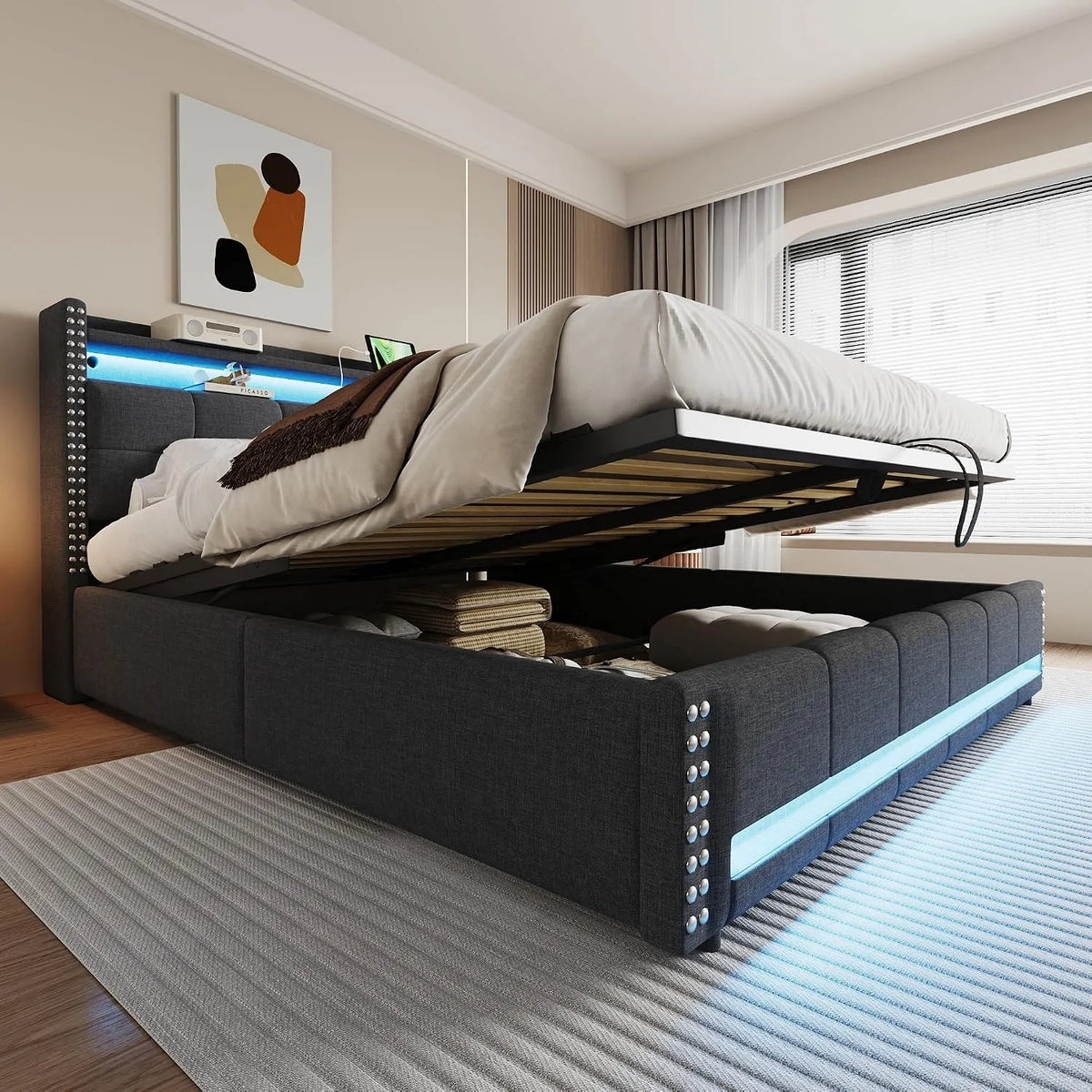 Łóżko tapicerowane i rama łóżka z obiciem: z portem USB, wyświetlacz LED, 180 × 200 cm, szary