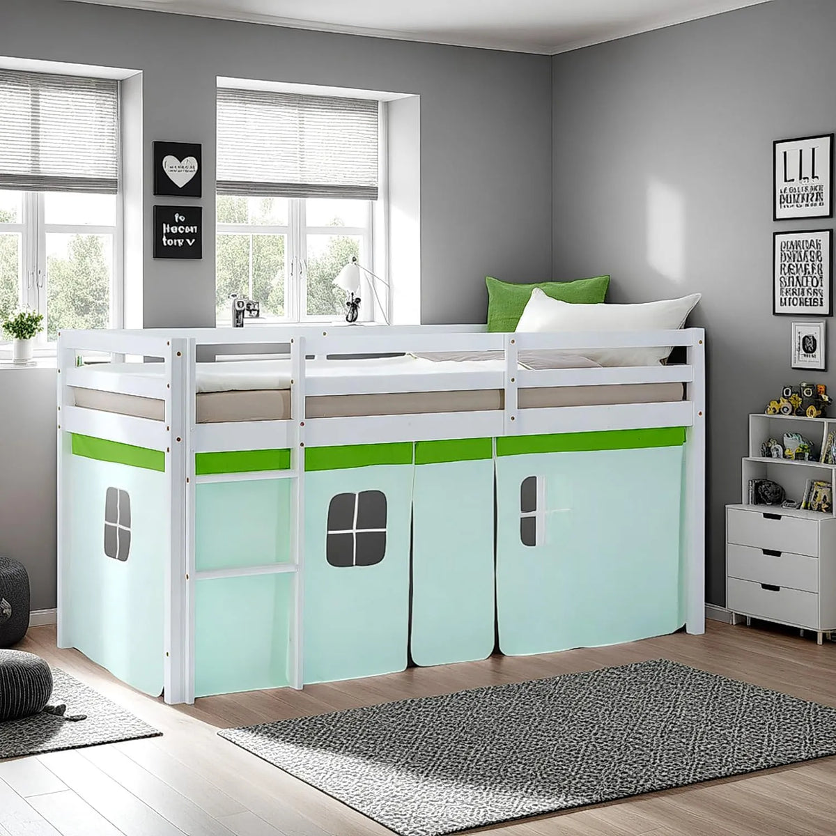 Łóżko piętrowe i łóżko wysokie – z drewna, z zabezpieczeniem przed wypadnięciem, 90 × 200 cm, zielony