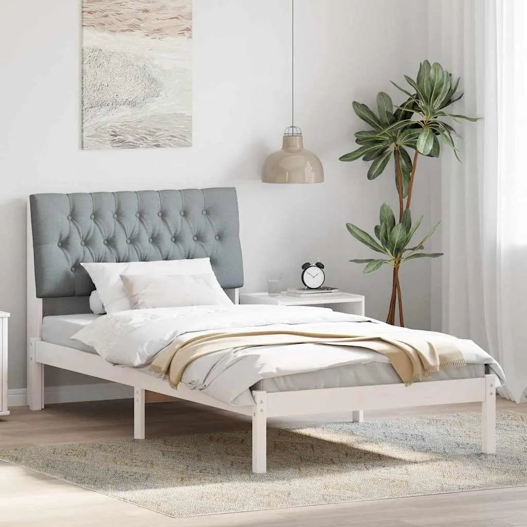 Rama łóżka i konstrukcja łóżka z tapicerowanym zagłówkiem — z drewna, 100 × 200 cm, biały, z litego drewna, tapicerka materiałowa