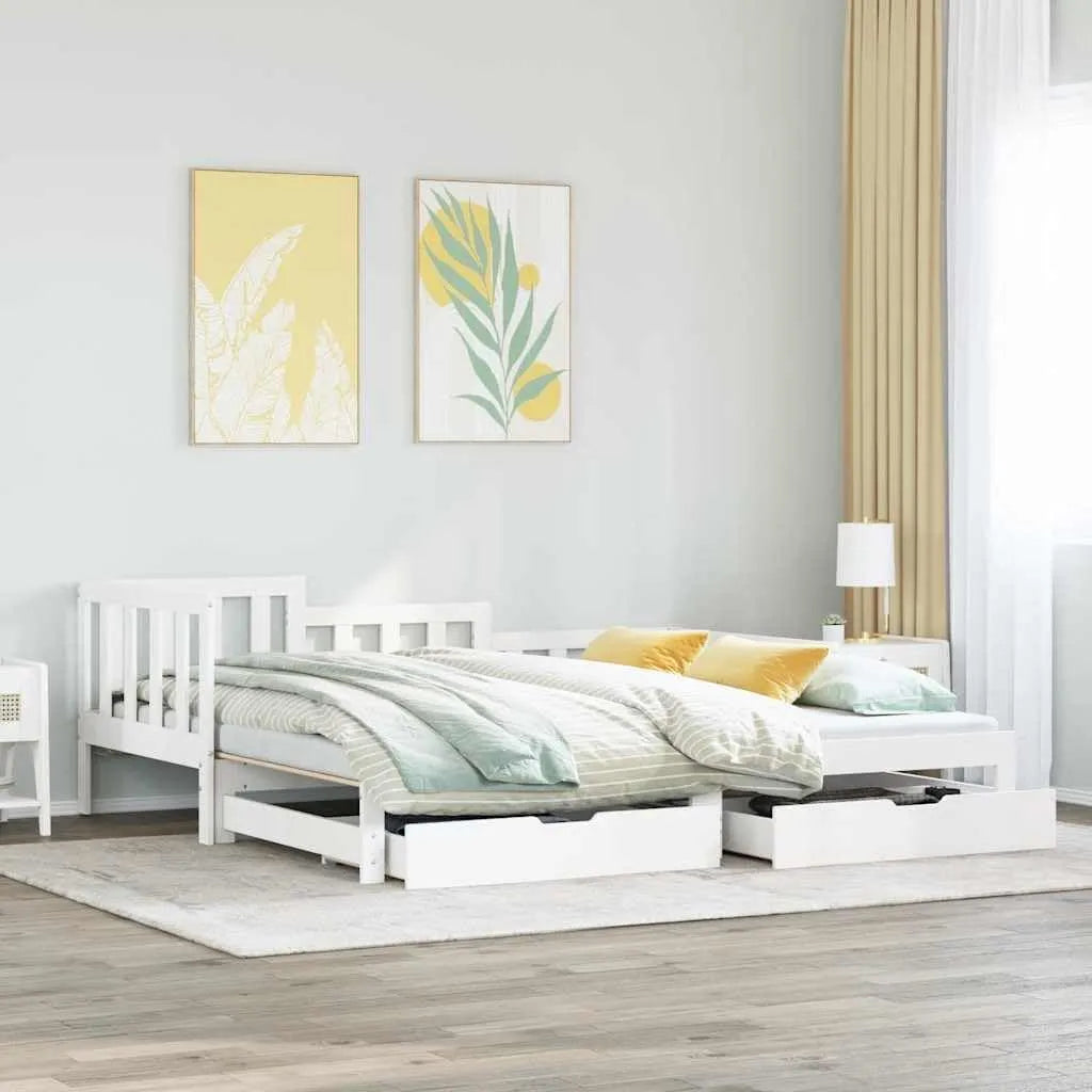Sofa – z drewna, z szufladami, 90 × 190 cm, biały, rozkładana konstrukcja, tapicerka materiałowa