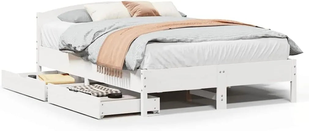 Łóżko z litego drewna sosnowego bez materaca 140 x 200 — z drewna, z szufladami, na kółkach, 2 szufladami, 140 × 200, tapicerka materiałowa