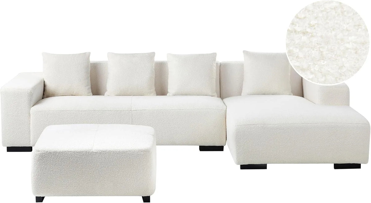 Sofa narożna — z poduszkami, tapicerka bouclé, 4-osobowy, biały