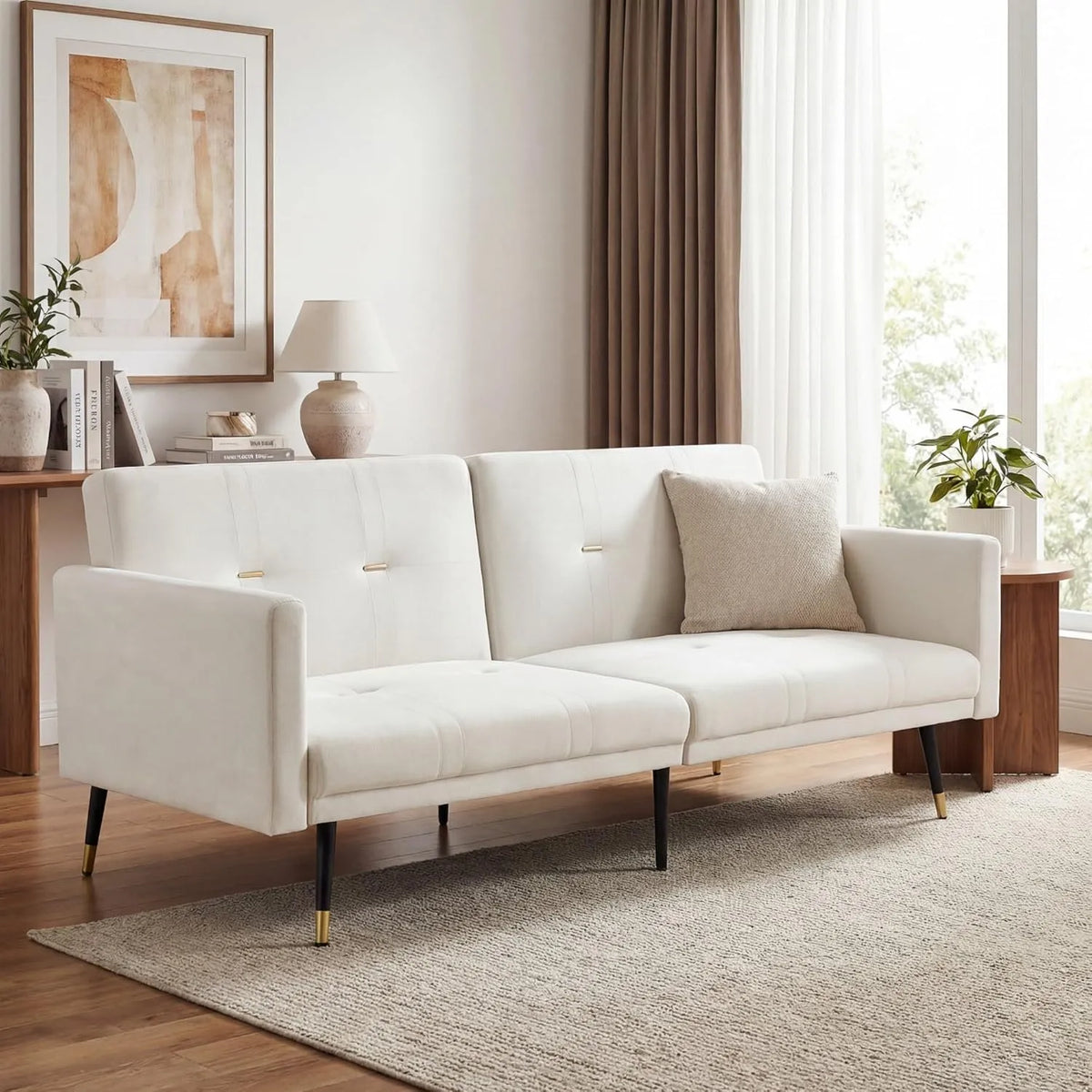 Sofa — z funkcją spania, tapicerka aksamitna, składana konstrukcja, 2-osobowa, 150 cm, beżowy