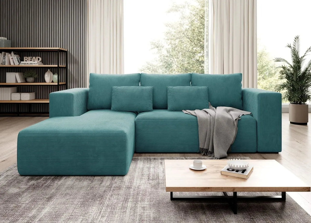 Sofa narożna – materiał, w kształcie litery L, ze sztruksu, z funkcją spania, 255 cm, z pojemnikiem do przechowywania