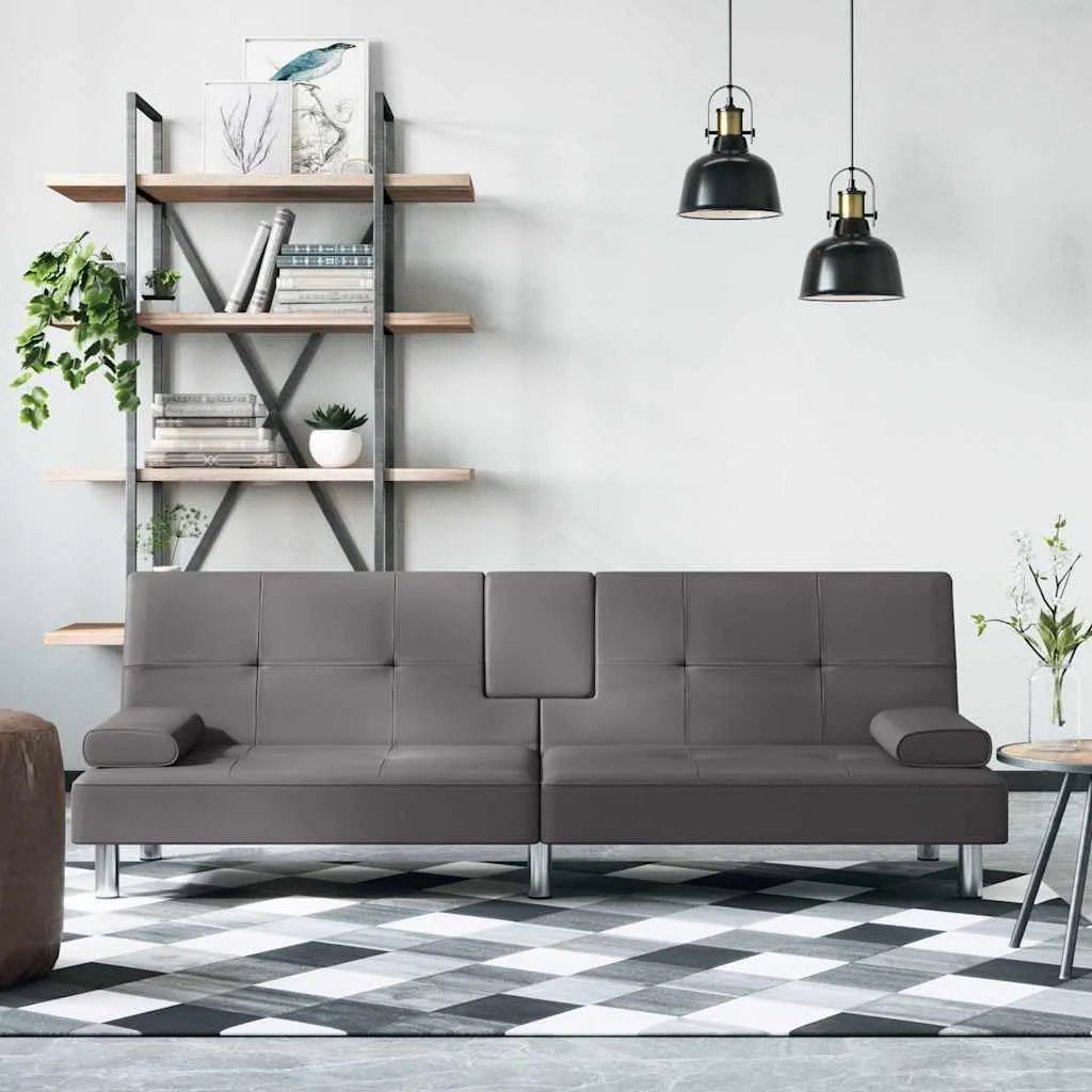 Sofa — z funkcją spania, z oparciem, z portem USB, składana konstrukcja, szary, regulowana konstrukcja, tapicerka skórzana
