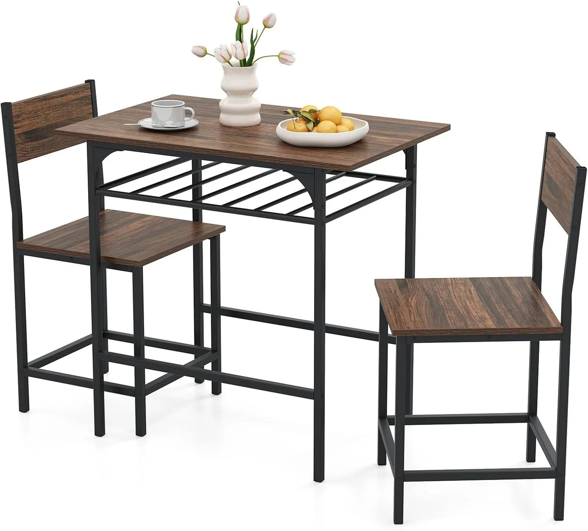 COSTWAY Stół do jadalni z 2 krzesłami: z drewna, 80 × 52, 5 × 77 cm, brązowy, z metalu