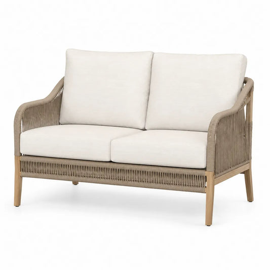 Dwuosobowa sofa z rattanu i tkaniny, beżowa