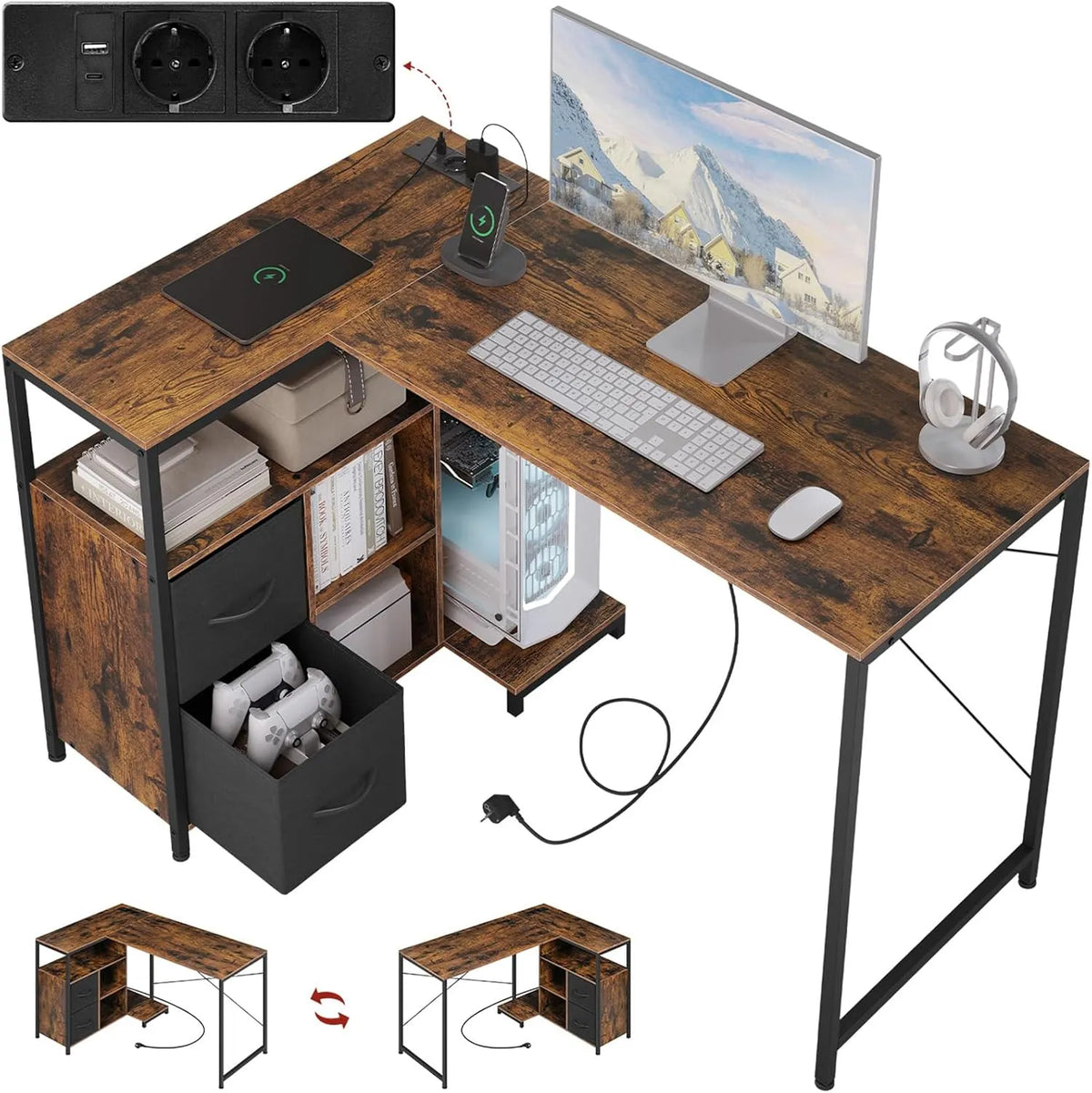 Biurko i stół komputerowy — z portem USB, styl retro, 120 × 80 × 75 cm, brązowy, z metalu