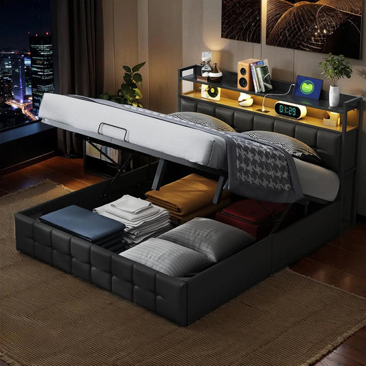 Łóżko tapicerowane i rama łóżka z obiciem – z portem USB, wyświetlacz LED, 2-osobowego, 140 × 200 cm