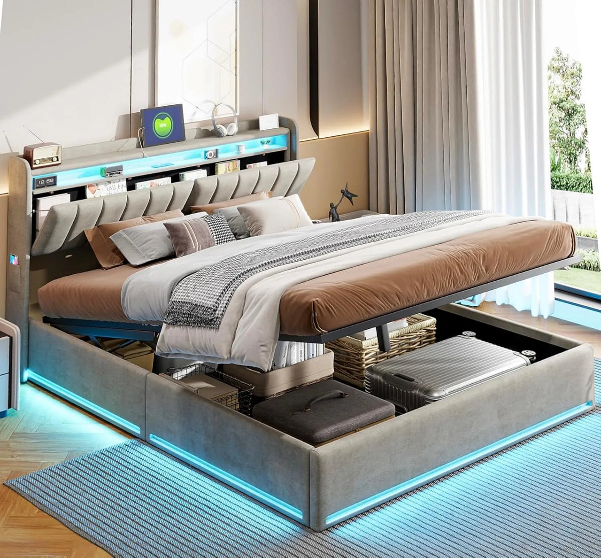 Łóżko tapicerowane i rama łóżka z obiciem: z portem USB, tapicerka aksamitna, wyświetlacz LED, 160 × 200 cm, tapicerka materiałowa
