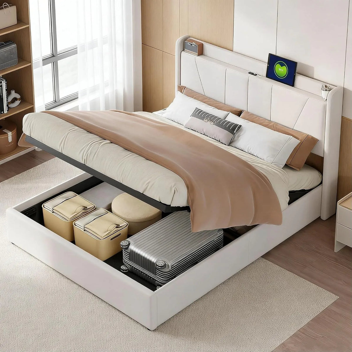 Łóżko tapicerowane i rama łóżka z obiciem – z portem USB, 140 × 200 cm, beżowy