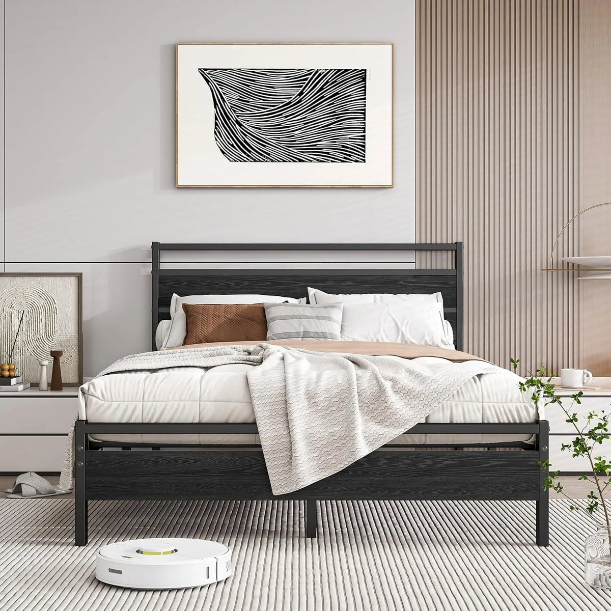 Metalowe łóżko 140 x 200 cm – z drewna, 140 × 200 cm, czarny, tapicerka materiałowa