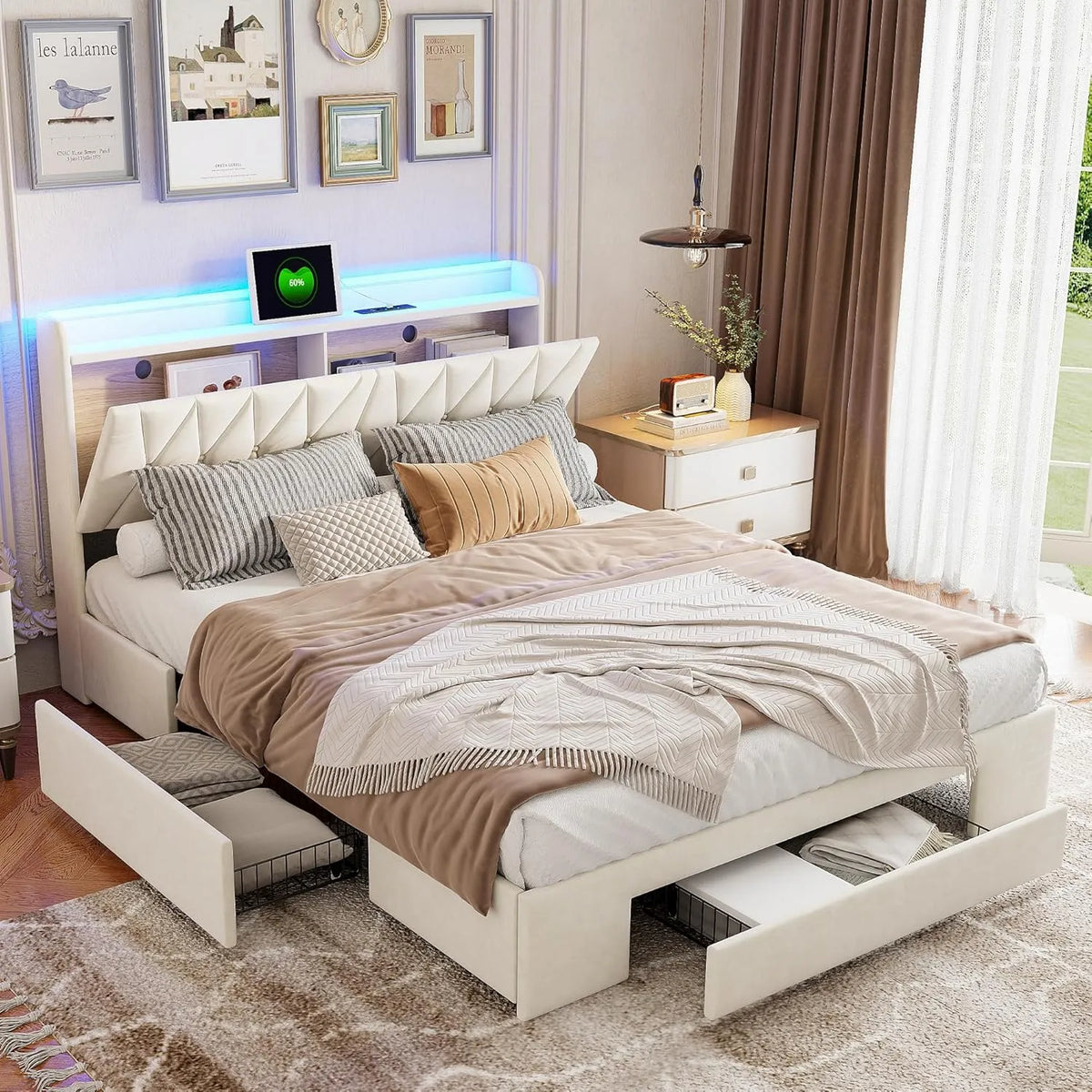 Łóżko podwójne — z szufladami, z portem USB, tapicerka aksamitna, 3 szufladami, 140 × 200 cm, beżowy, tapicerka materiałowa