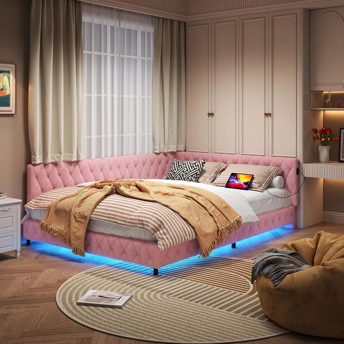 Sofa rozkładana i sofa z funkcją spania – z portem USB, tapicerka aksamitna, wyświetlacz LED, 2-osobowym, 140 × 200, różowy, tapicerka materiałowa
