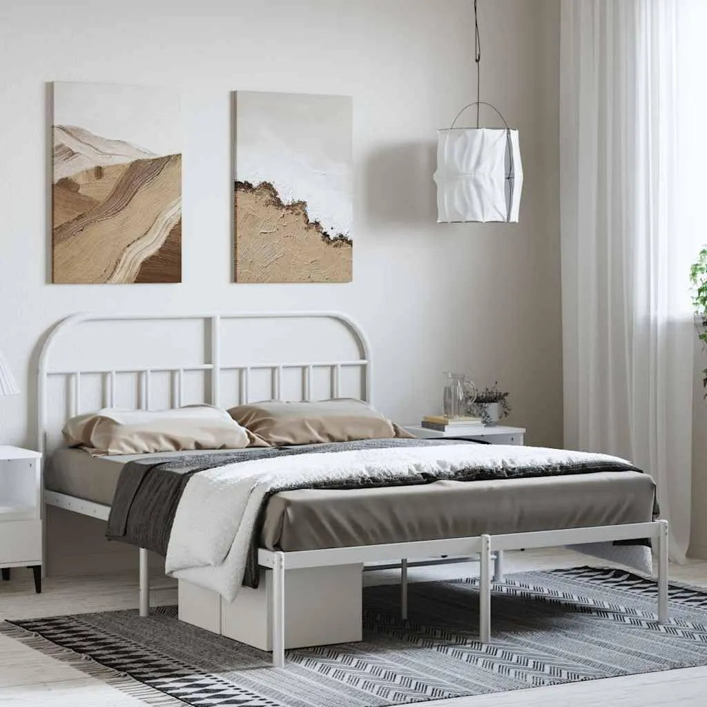 Rama łóżka i konstrukcja łóżka z białym metalowym zagłówkiem 150 x 200 cm – ze schowkiem, 150 × 200 cm, tapicerka materiałowa