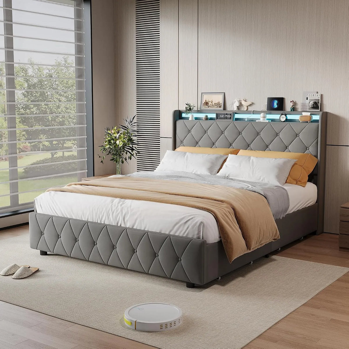 Łóżko tapicerowane i rama łóżka z obiciem — z szufladami, z portem USB, tapicerka aksamitna, wyświetlacz LED, 4 szufladami, 140 × 200 cm, szary