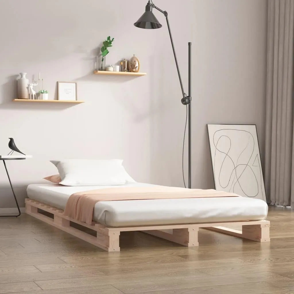 Łóżko paletowe z litego drewna sosnowego — z drewna, 100 × 200 cm, tapicerka materiałowa