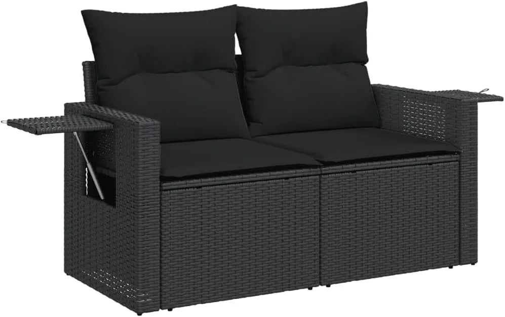 Sofa ogrodowa i sofa wypoczynkowa na taras — z poduszkami, z technorattanu, 2-osobowa, czarny