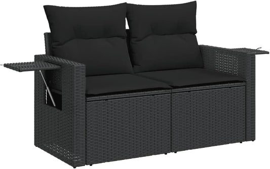 Sofa ogrodowa i sofa wypoczynkowa na taras — z poduszkami, z technorattanu, 2-osobowa, czarny