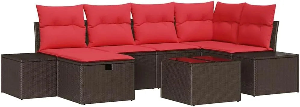 Sofa ogrodowa i sofa wypoczynkowa na taras: modułowa konstrukcja, z poduszkami, z technorattanu, 7 pièces, brązowy
