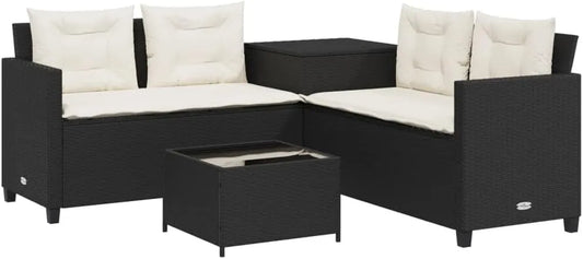 Sofa narożna – z poduszkami, z technorattanu, czarny