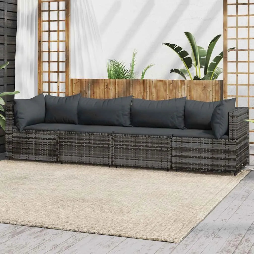 Sofa — modułowa konstrukcja, z poduszkami, odporny na warunki atmosferyczne, z technorattanu, szary, z metalu