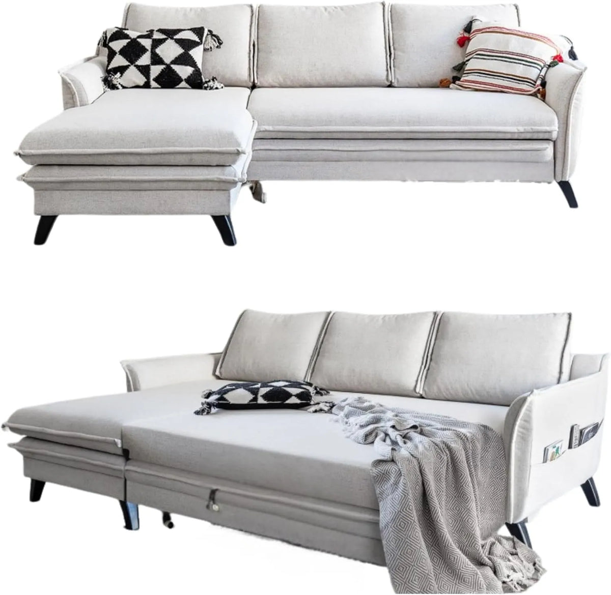 Sofa narożna – tapicerka materiałowa, z drewna, beżowy, rozkładana konstrukcja, tapicerka materiałowa