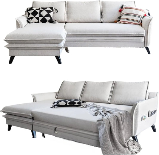 Sofa narożna – tapicerka materiałowa, z drewna, beżowy, rozkładana konstrukcja, tapicerka materiałowa