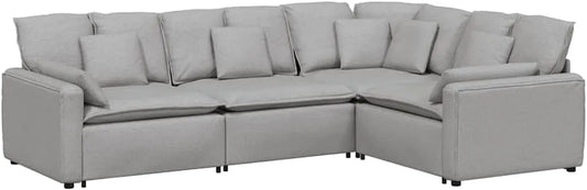 Sofa narożna: modułowa konstrukcja, w kształcie litery L, tapicerka materiałowa, z poduszkami, szary, tapicerka materiałowa