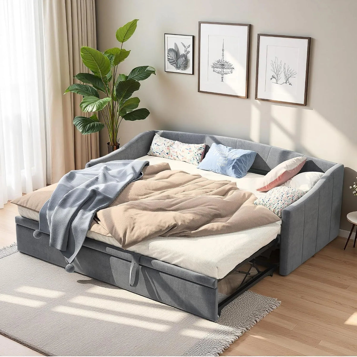 Sofa rozkładana i sofa z funkcją spania: tapicerka aksamitna, 2-osobowym, 180 × 200 cm, szary
