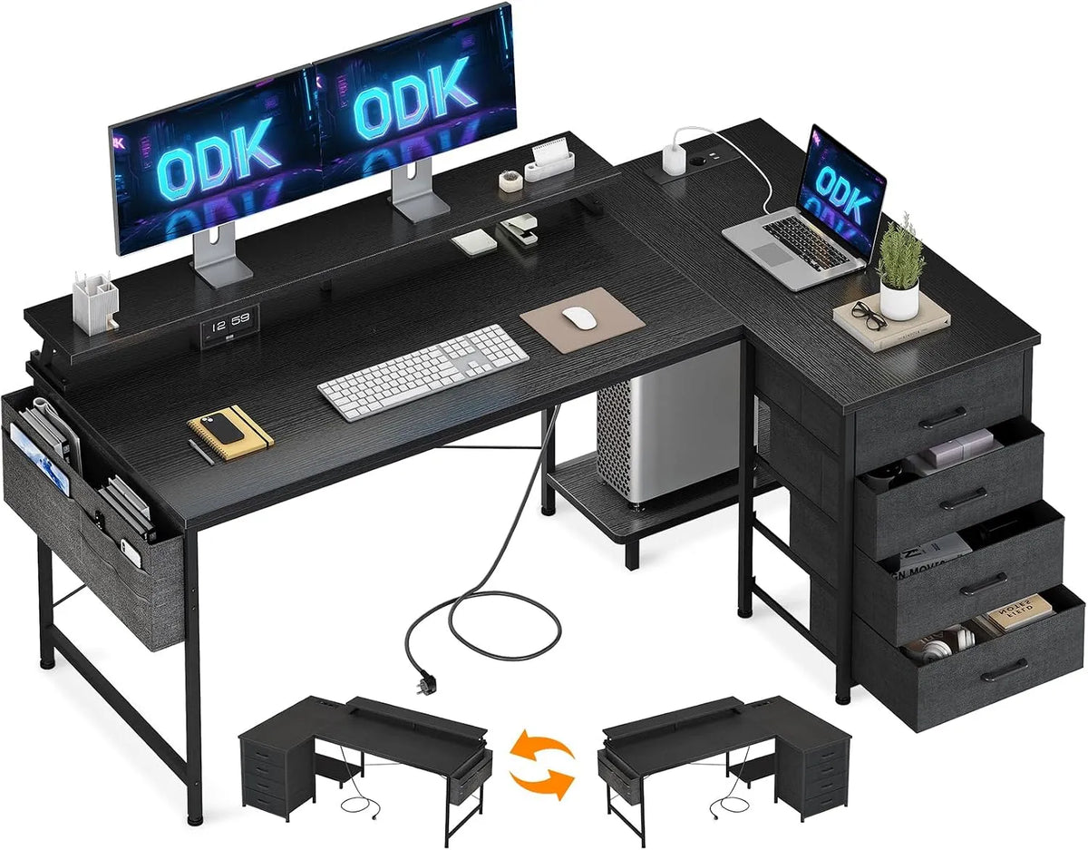 Biurko i stół komputerowy — w kształcie litery L, z szufladami, z biurkiem, z portem USB, 4 szufladami, 160 × 80 × 84, 7 cm, czarny