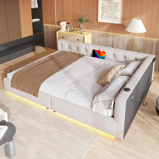 Sofa — w kształcie litery L, z funkcją spania, z portem USB, 140 × 200 cm, beżowy, z oświetleniem LED