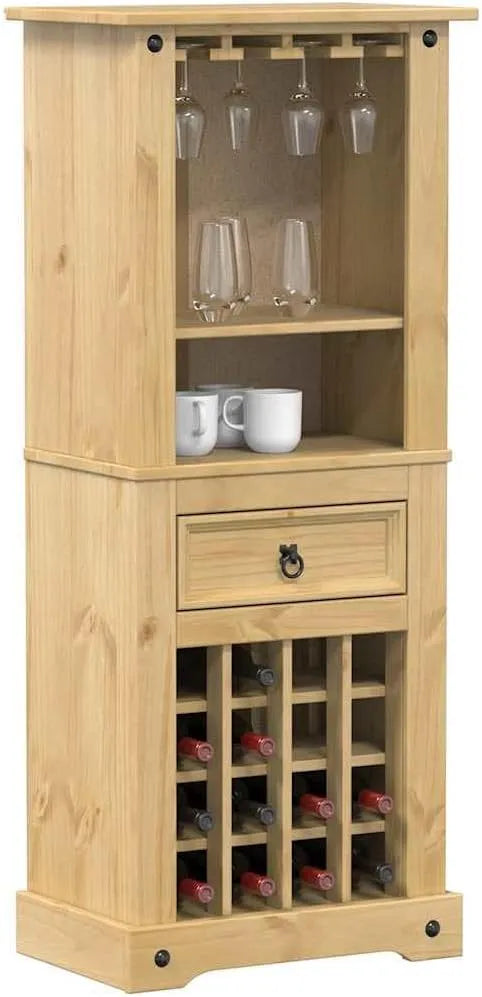 Regał na książki i regał stojący na wino z szufladą z litego drewna sosnowego – z drewna, z szufladami, 56 × 35 × 134 cm