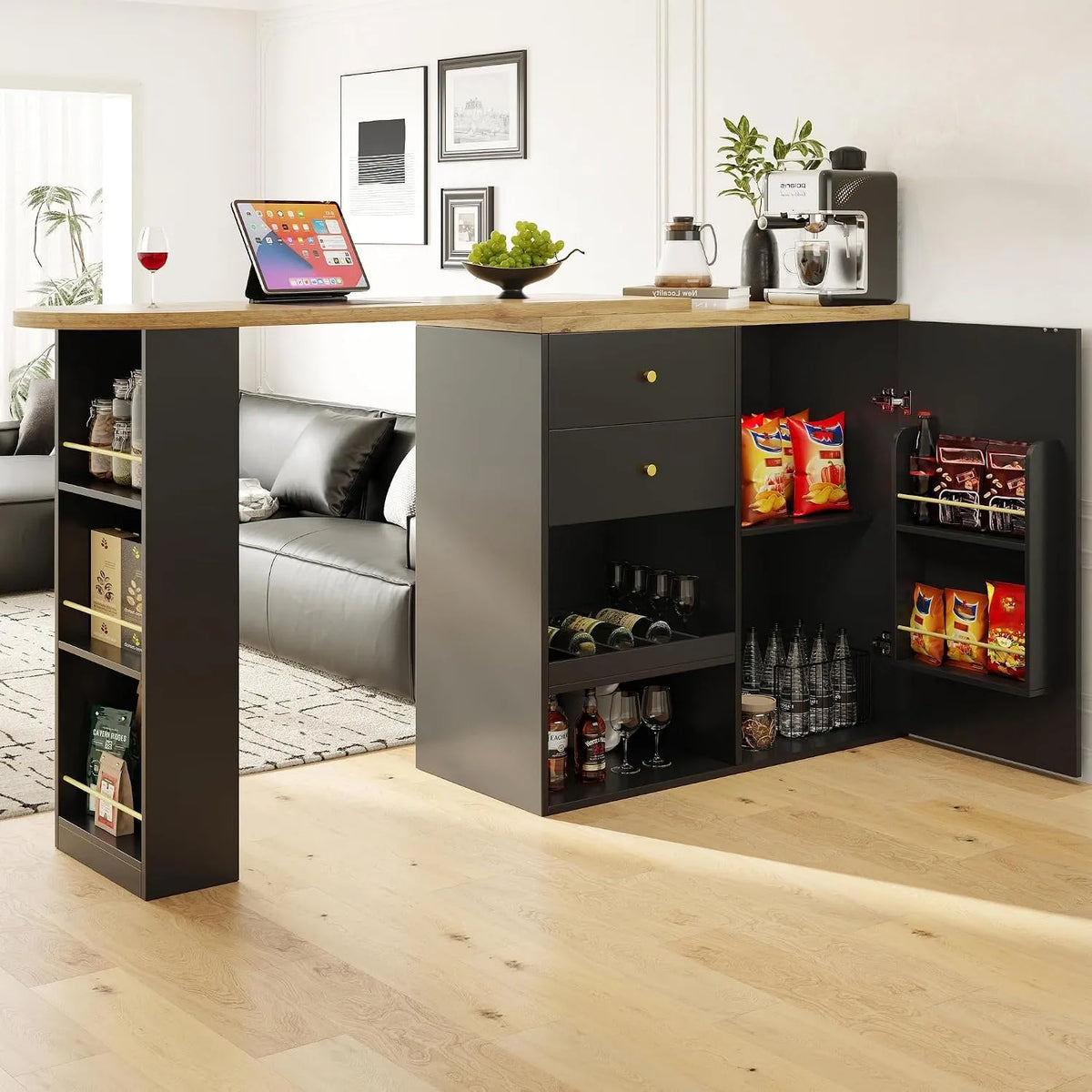 Obrotowy stół barowy – MDF, w kształcie litery L, z szufladami, 3 poziomy, 2 szufladami, 105 × 39 × 102 cm, czarny