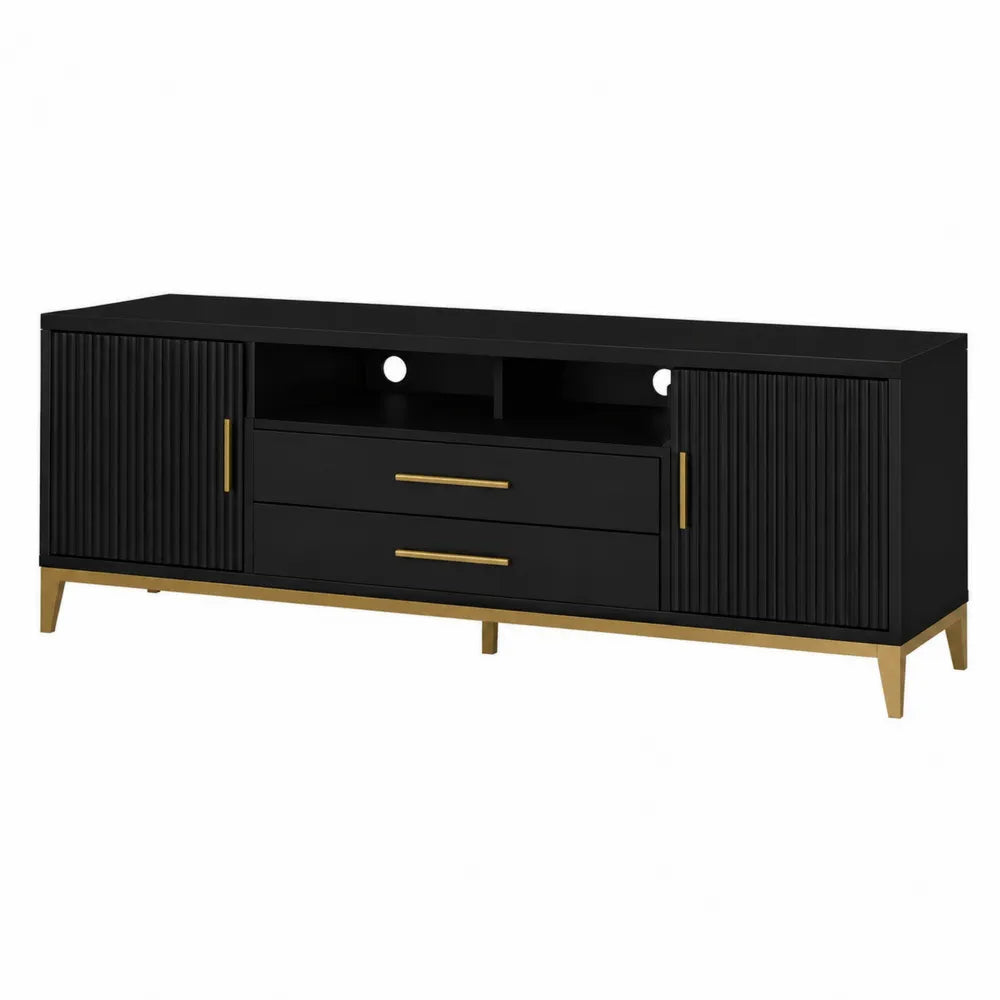 Szafka RTV z płyty MDF z metalowymi uchwytami, czarna i złota, 180x40x50 cm