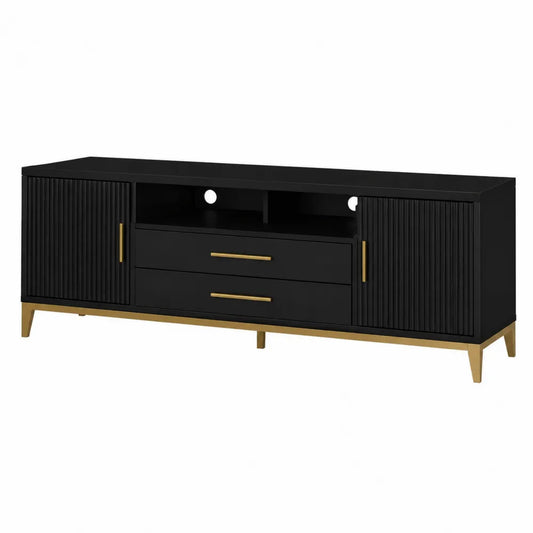 Szafka RTV z płyty MDF z metalowymi uchwytami, czarna i złota, 180x40x50 cm