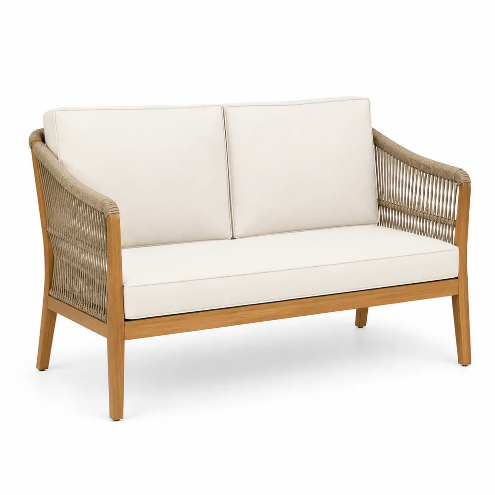 Drewniana dwuosobowa sofa z sznurka kremowa