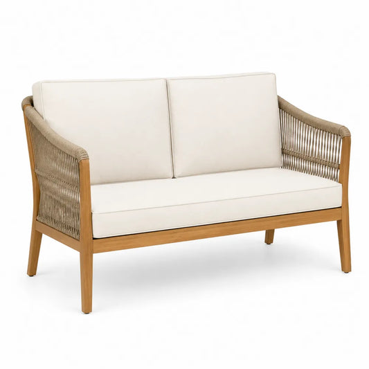 Drewniana dwuosobowa sofa z sznurka kremowa