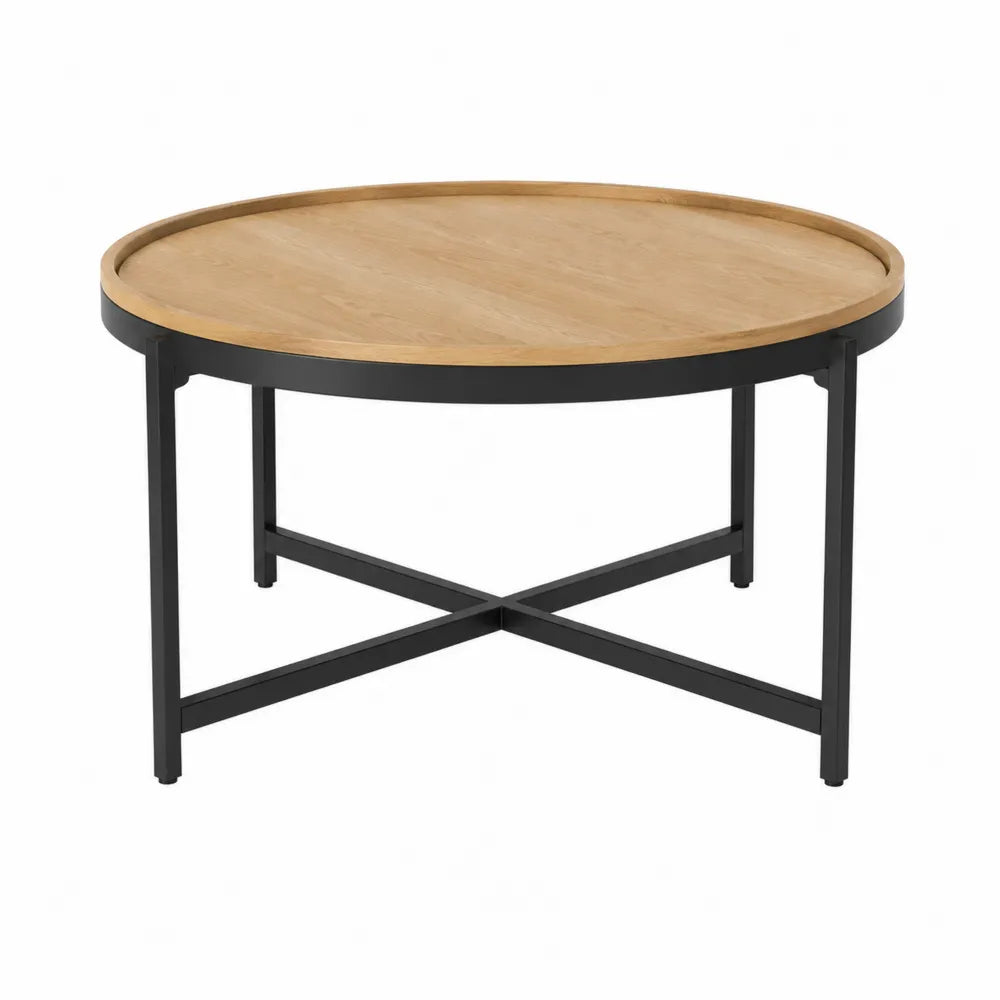 Stolik kawowy okrągły drewno metal czarny 80cm