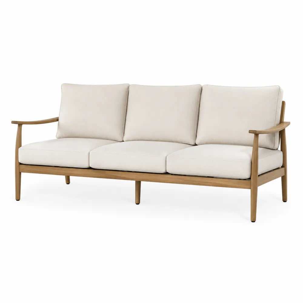 Sofa trzyosobowa z drewna teak z beżowymi poduszkami