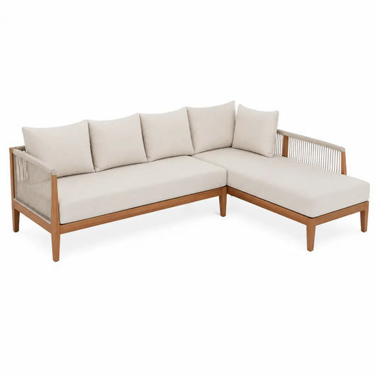 Narożna sofa ogrodowa drewniana i poliester beżowy