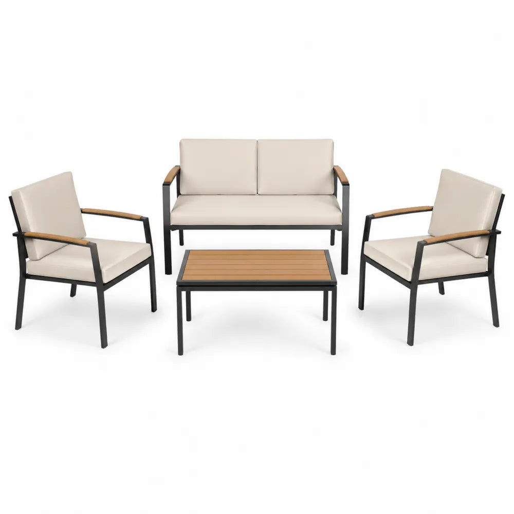 Zestaw mebli ogrodowych z metalu i drewna, beżowy, sofa dwuosobowa, 2 fotele, stolik
