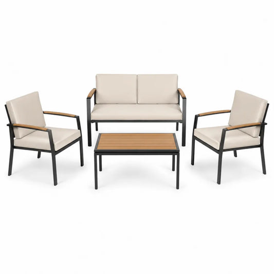 Zestaw mebli ogrodowych z metalu i drewna, beżowy, sofa dwuosobowa, 2 fotele, stolik