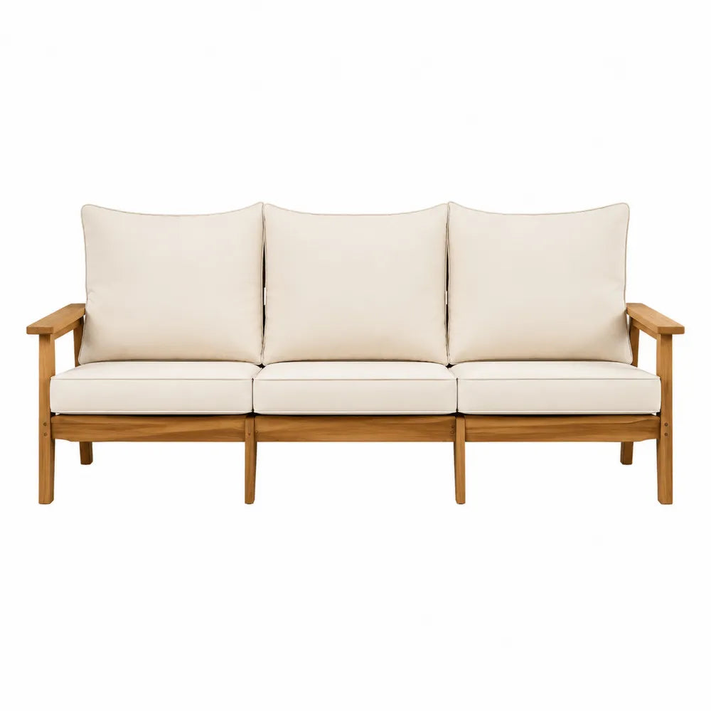 Drewniana sofa ogrodowa 3-osobowa z beżowymi poduszkami